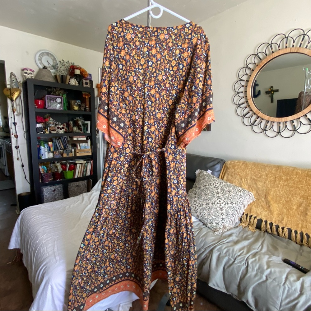 Cottagecore Black Orange Ditsy Floral Pleated Maxi Dress Tall Plus Size 26/28 - Picture 10 of 17